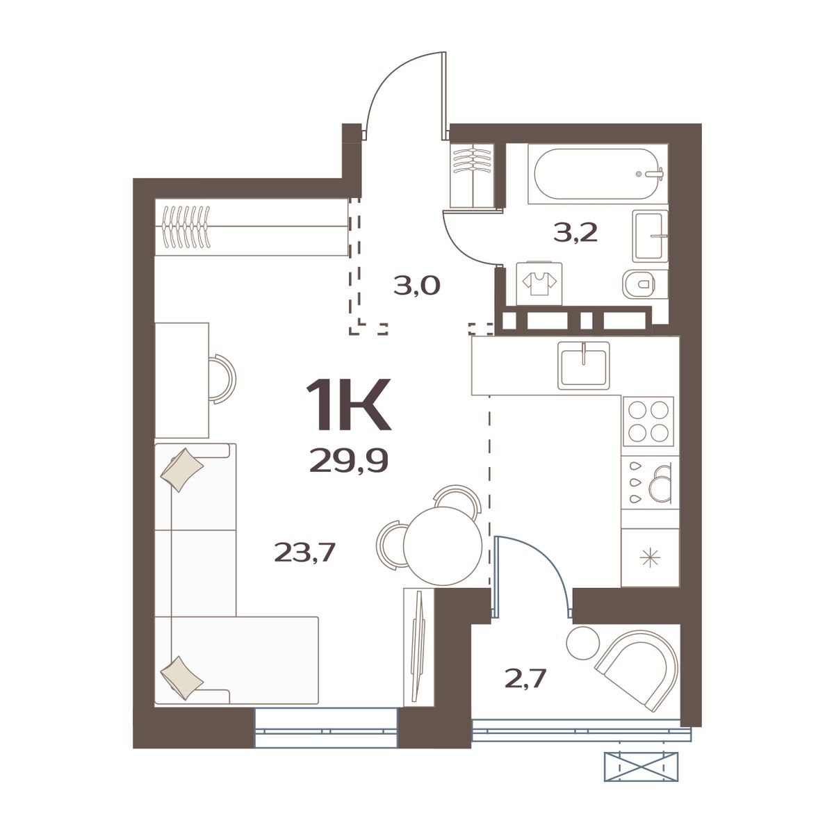 1-комнатная, 29.9 м², № 139 в Меридианы Улисса