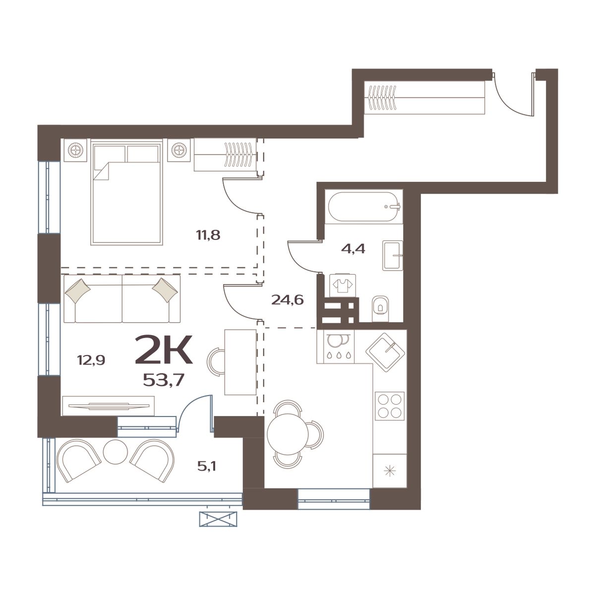2-комнатная, 53.7 м², № 207 в Меридианы Улисса
