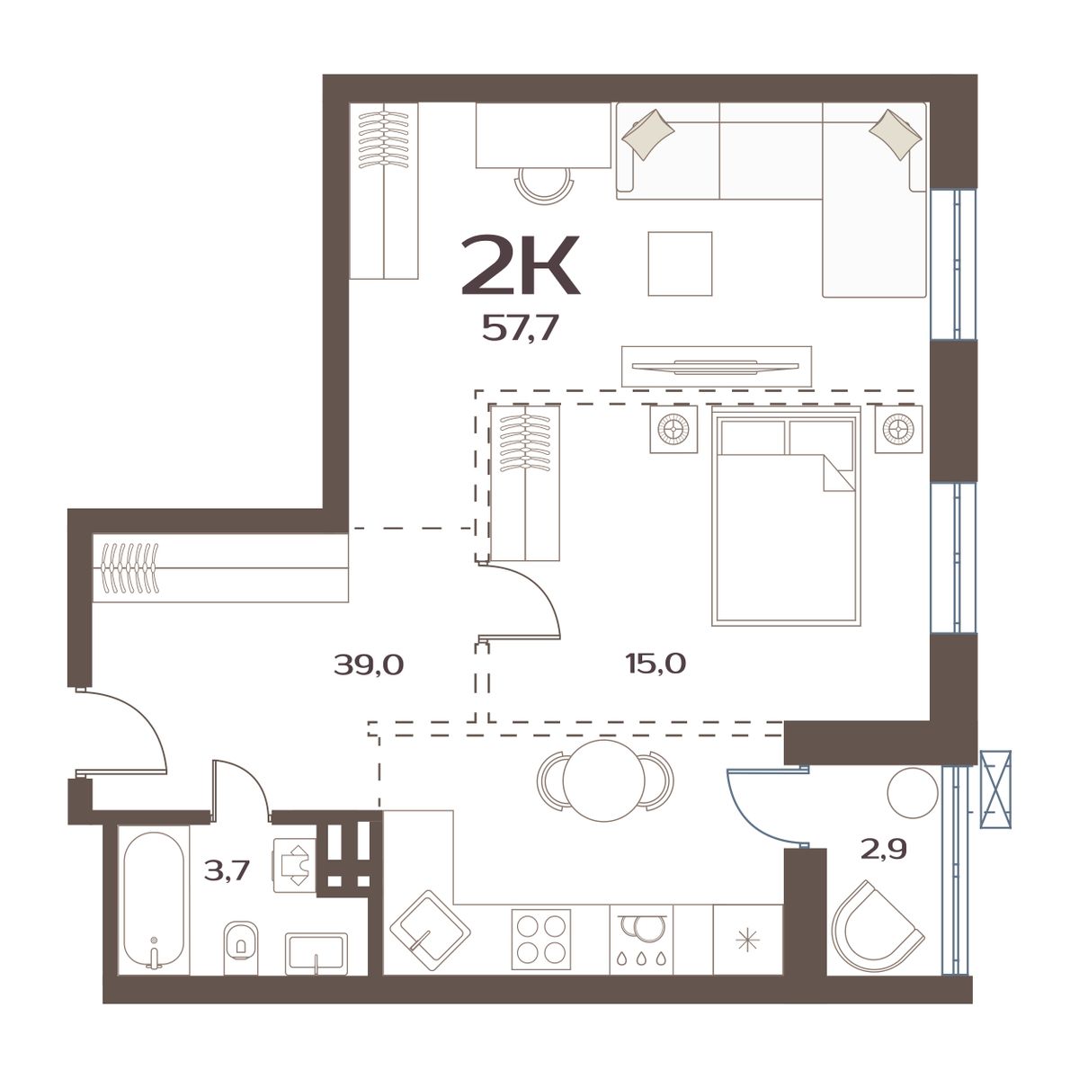 2-комнатная, 57.7 м², № 132 в Меридианы Улисса