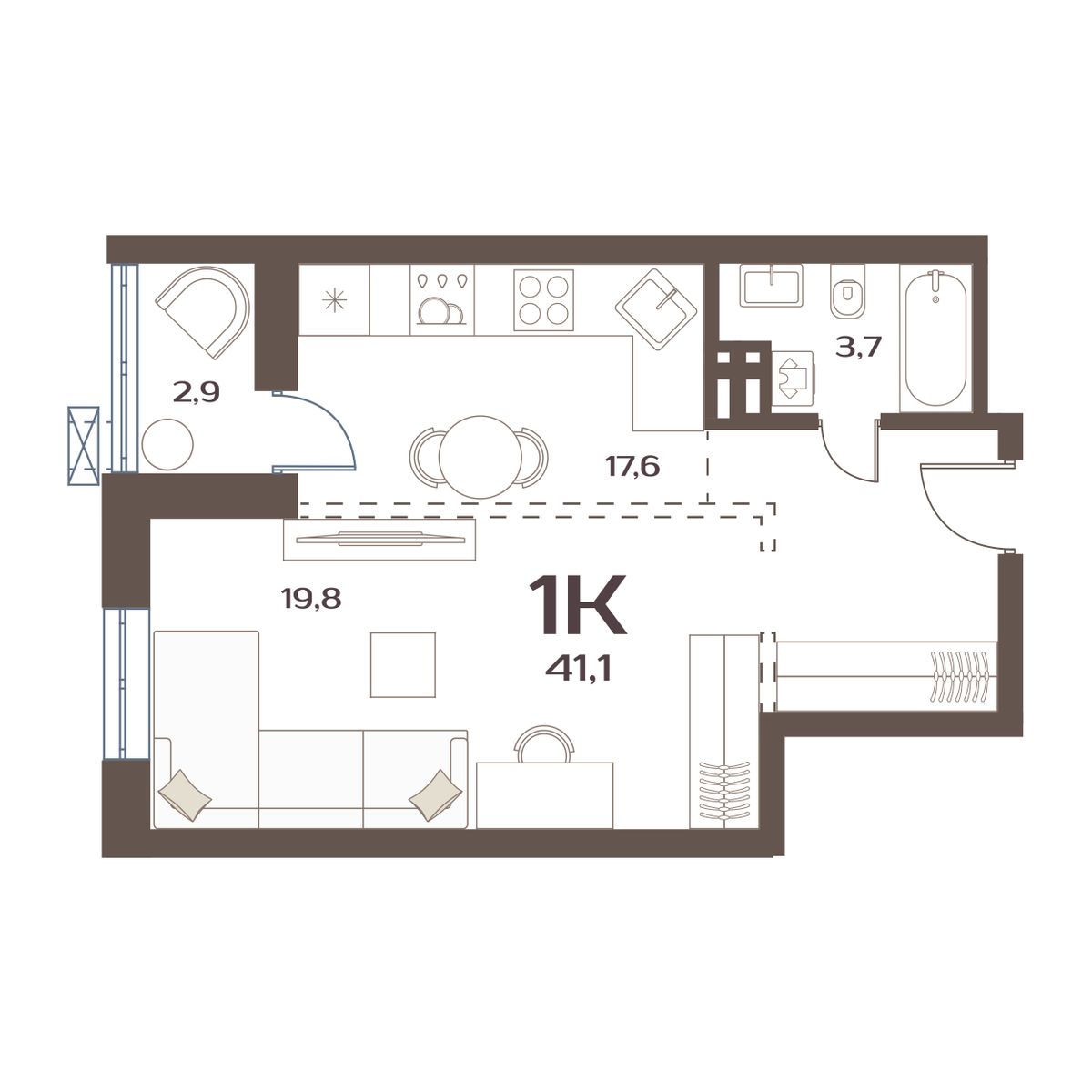 1-комнатная, 41.1 м², № 238 в Меридианы Улисса