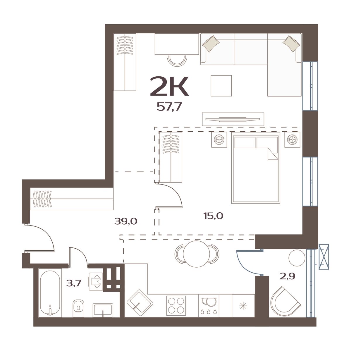2-комнатная, 57.7 м², № 172 в Меридианы Улисса