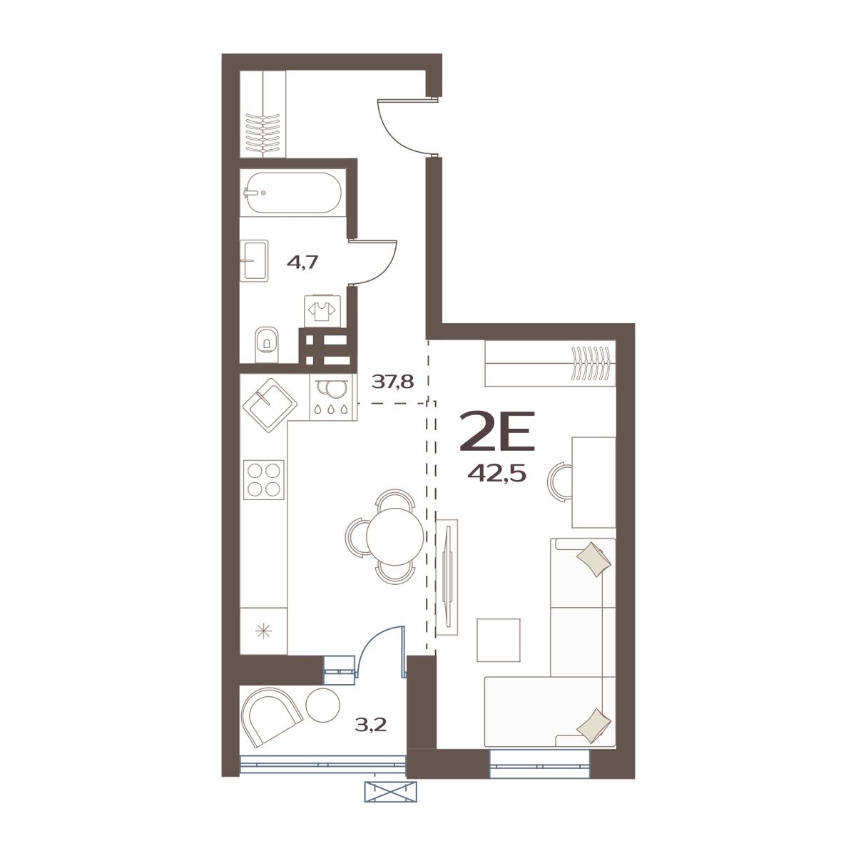 1-комнатная, 42.5 м², № 165 в Меридианы Улисса