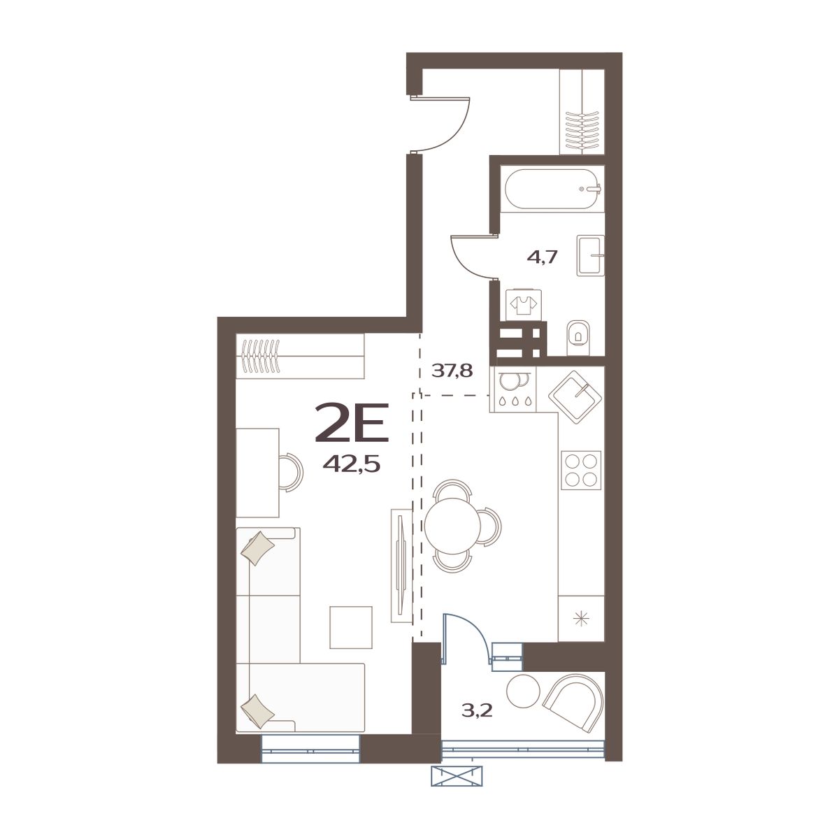 1-комнатная, 42.5 м², № 186 в Меридианы Улисса