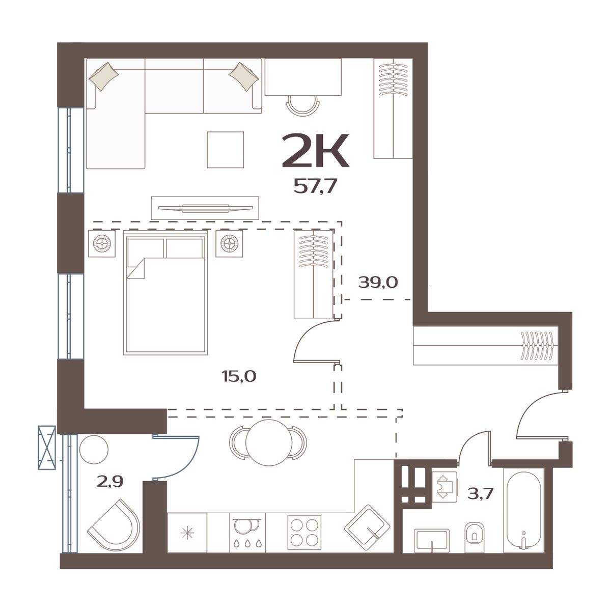 2-комнатная, 57.7 м², № 199 в Меридианы Улисса
