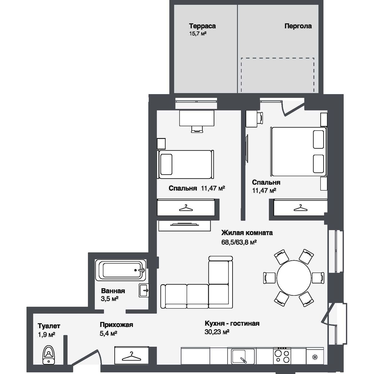 3-комнатная, 68.51 м², № 6 в Мечта