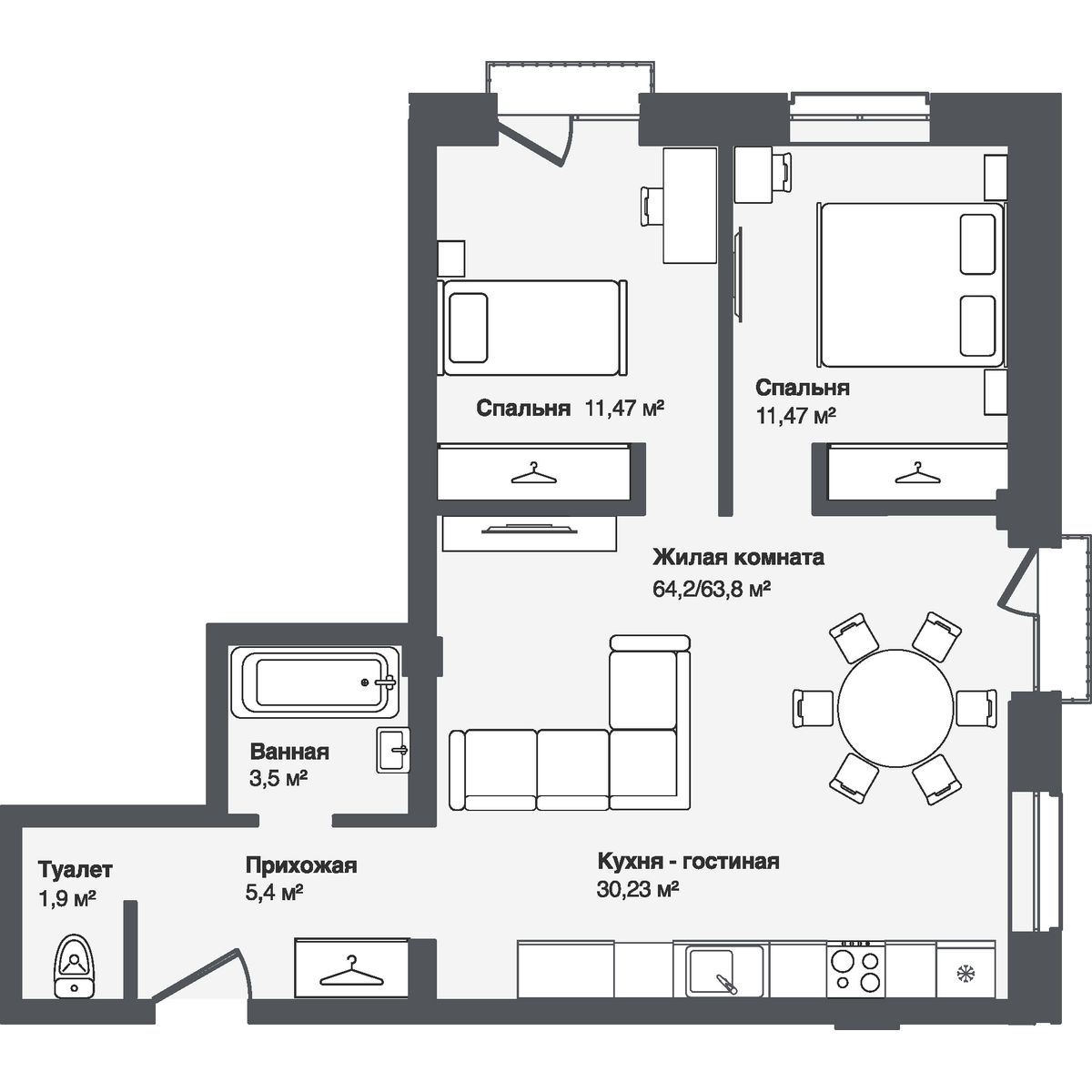3-комнатная, 64.16 м², № 14 в Мечта
