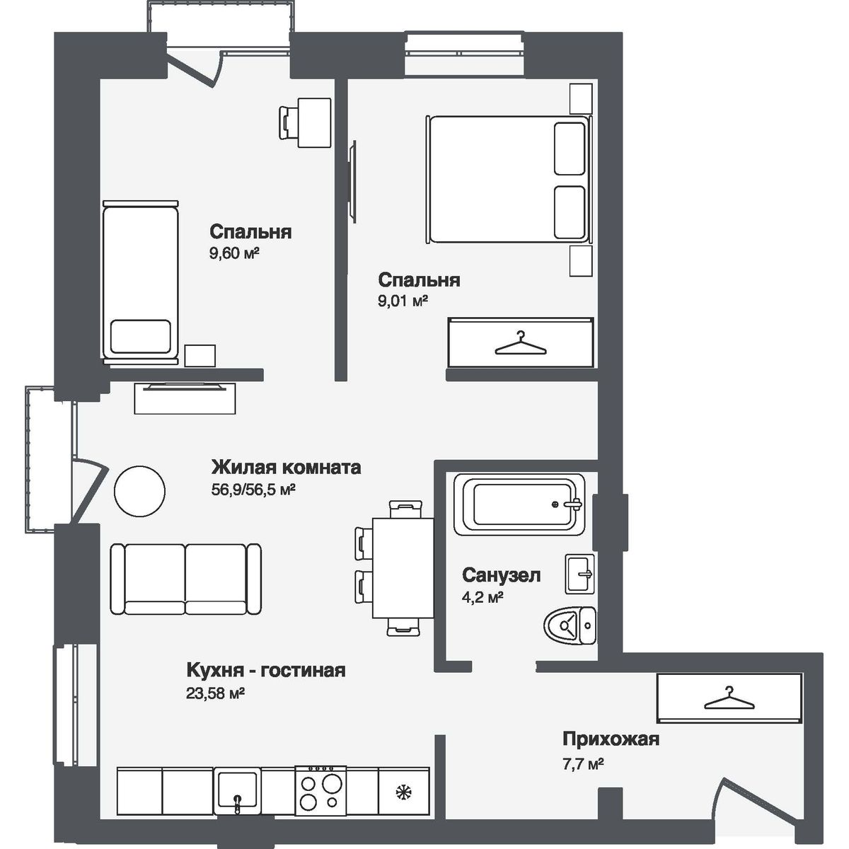3-комнатная, 56.86 м², № 11 в Мечта