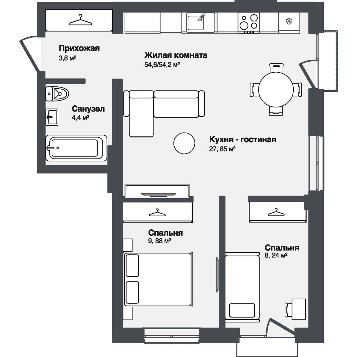 3-комнатная, 54.56 м², № 15 в Мечта