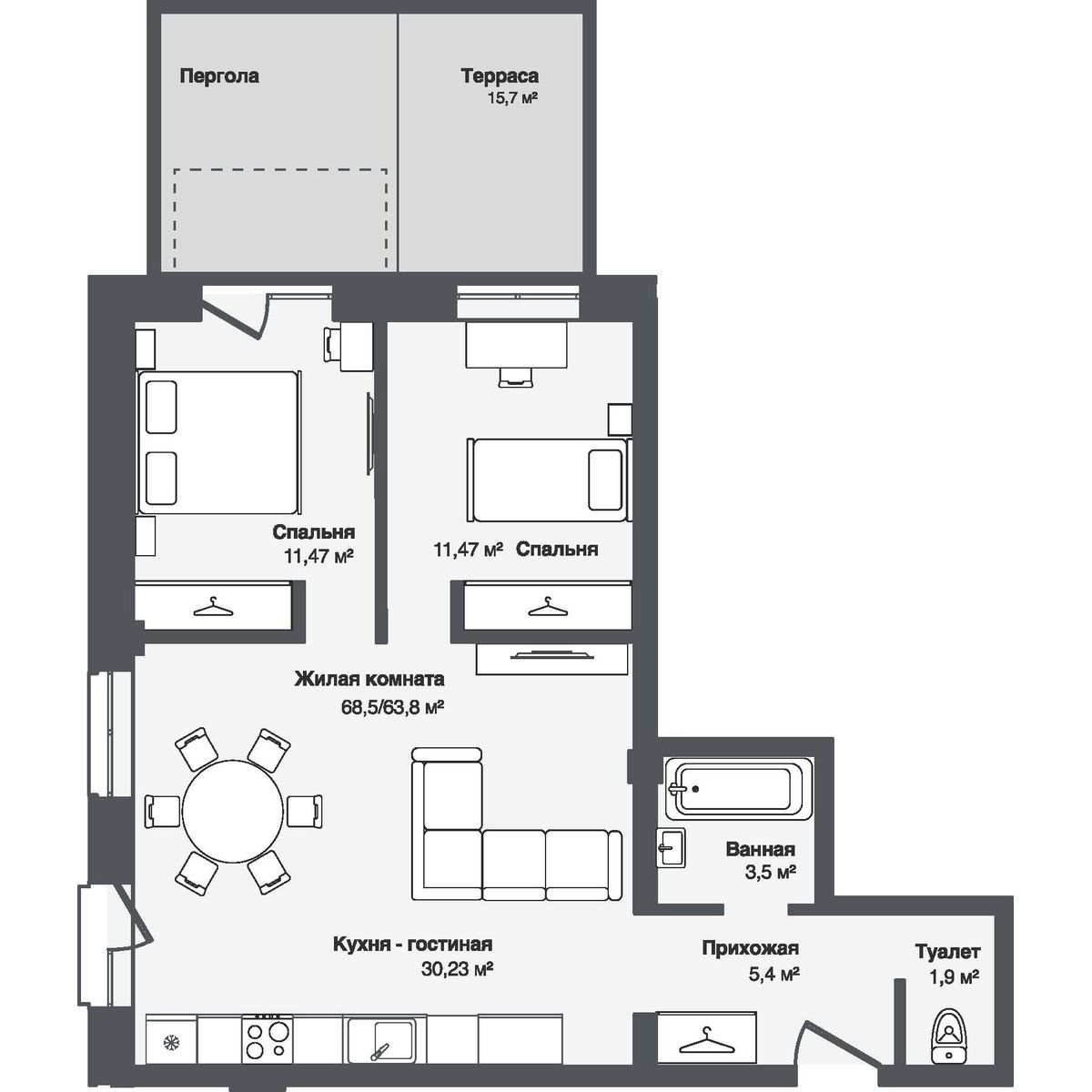 3-комнатная, 68.51 м², № 3 в Мечта