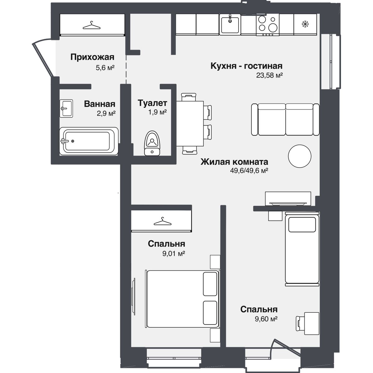 3-комнатная, 49.6 м², № 7 в Мечта