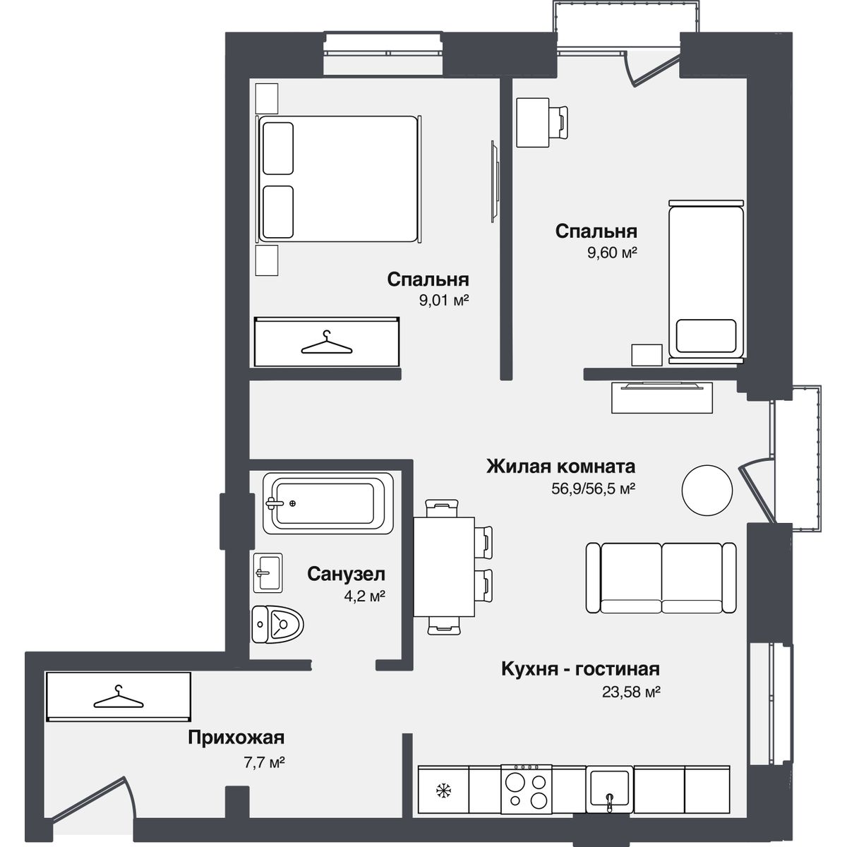 3-комнатная, 56.86 м², № 14 в Мечта