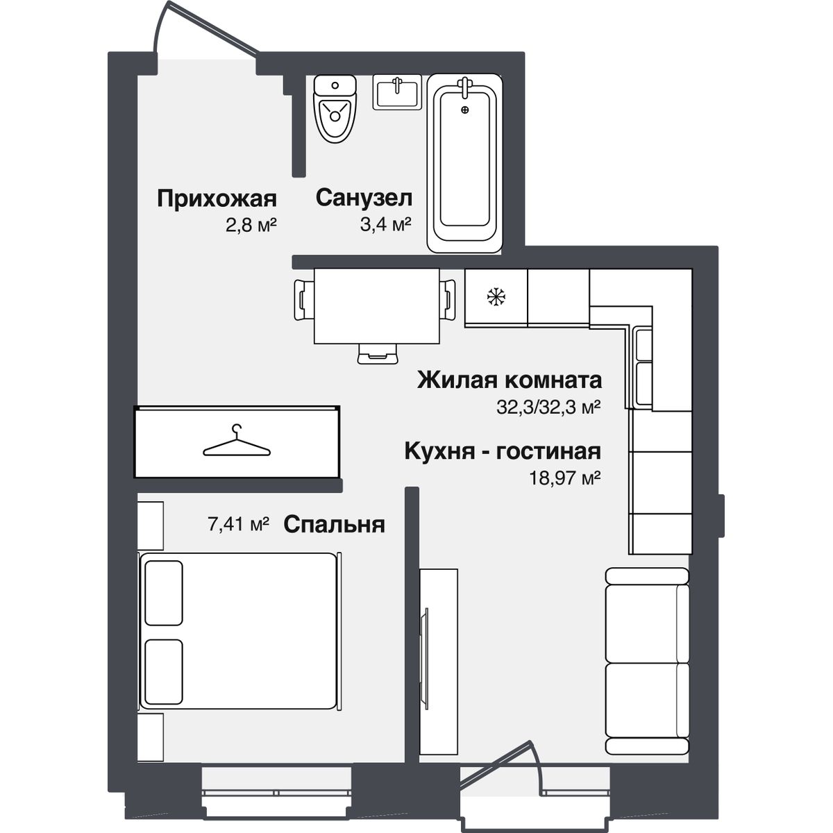 2-комнатная квартира, 32.3 кв.м, ЖК «Мечта»