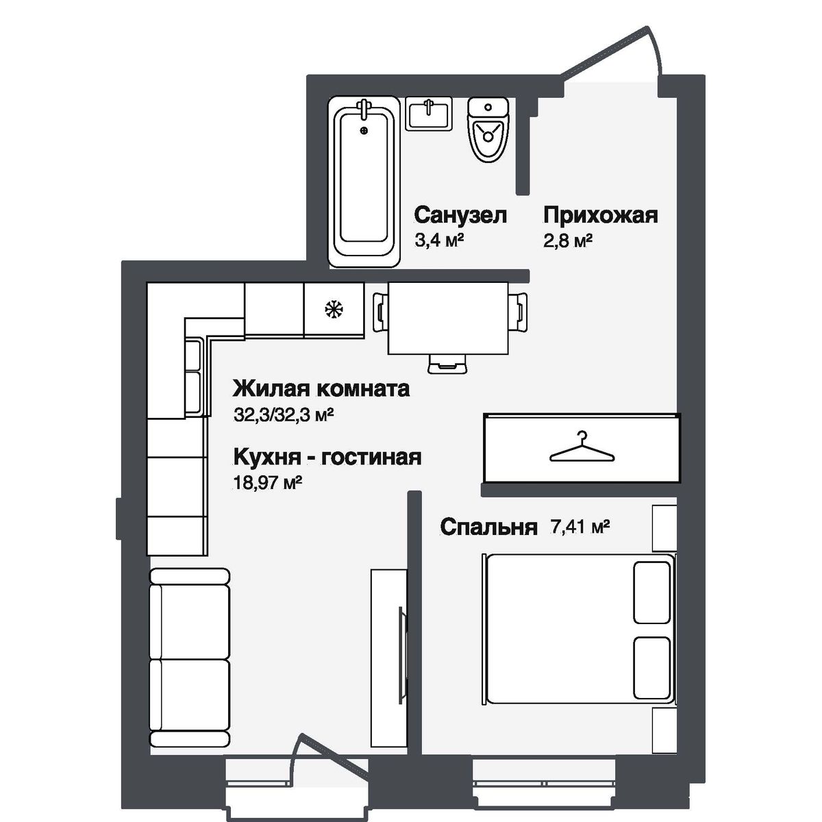 2-комнатная, 32.3 м², 1 этаж из 3, ЖК «Мечта»