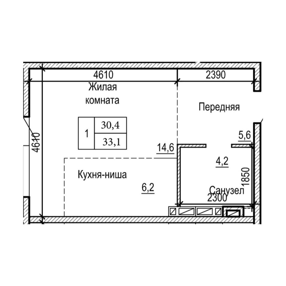 1-комнатная, 33.1 м², № 24-12 в ЖК на Черняховского