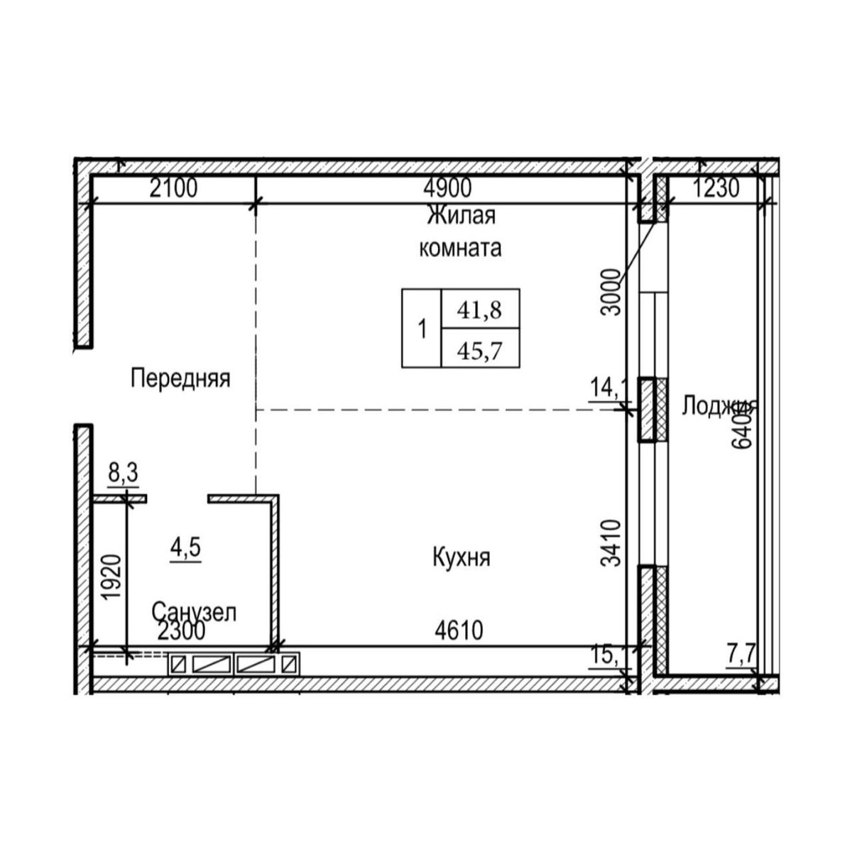 1-комнатная, 45.7 м², № 19-5 в ЖК на Черняховского