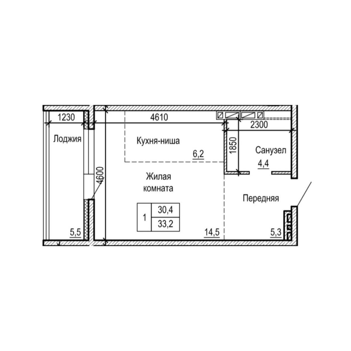 1-комнатная, 33.2 м², № 3-11 в ЖК на Черняховского