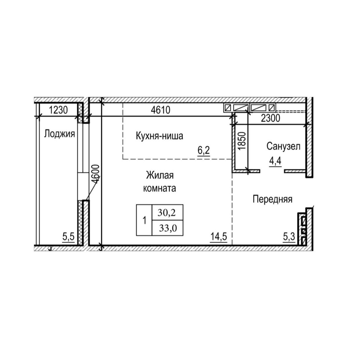 1-комнатная, 33 м², № 23-11 в ЖК на Черняховского