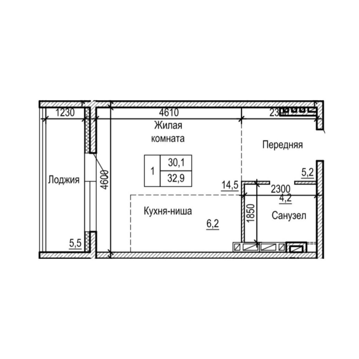 1-комнатная, 32.9 м², № 3-2 в ЖК на Черняховского