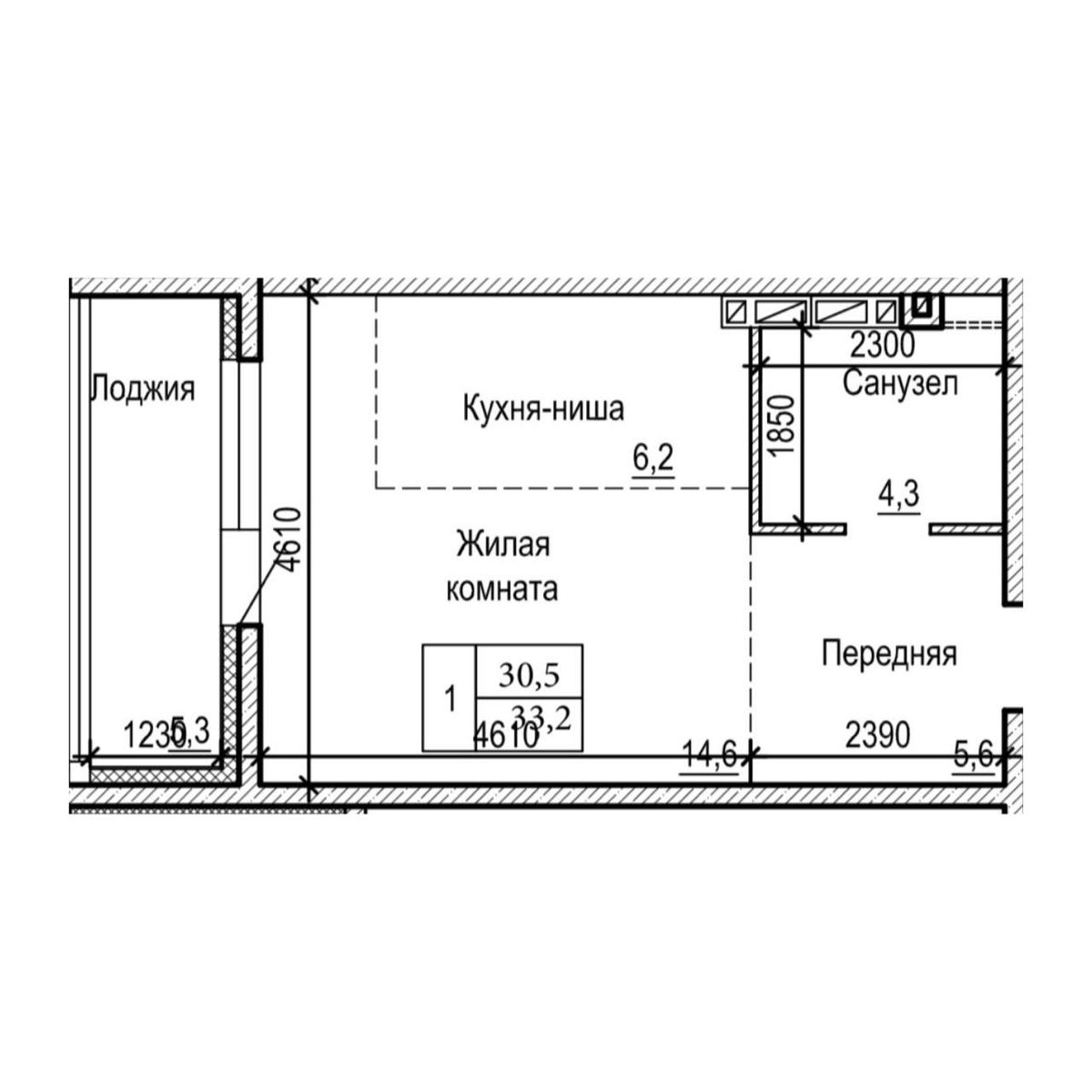 1-комнатная, 33.2 м², № 20-1 в ЖК на Черняховского