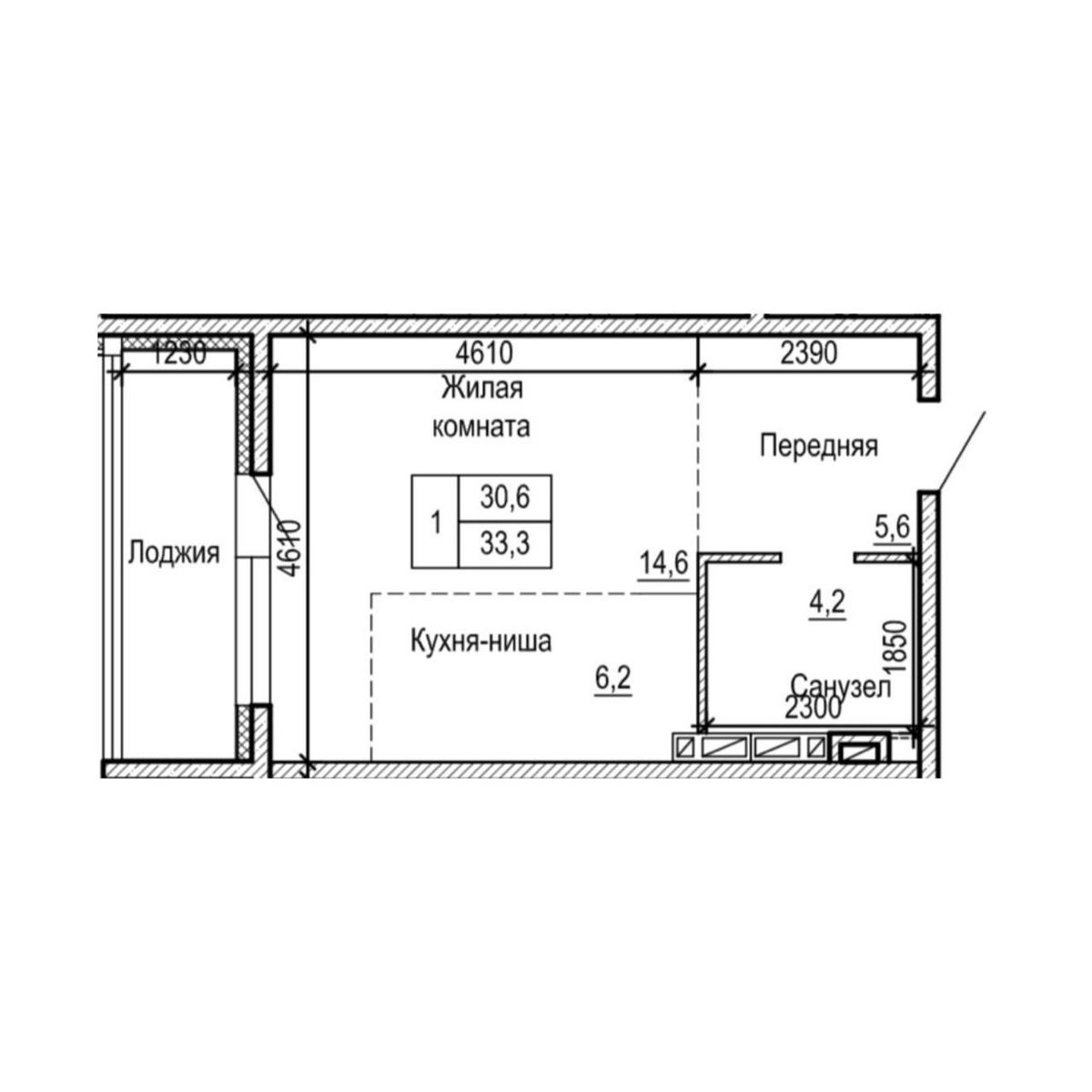 1-комнатная, 33.3 м², № 4-12 в ЖК на Черняховского
