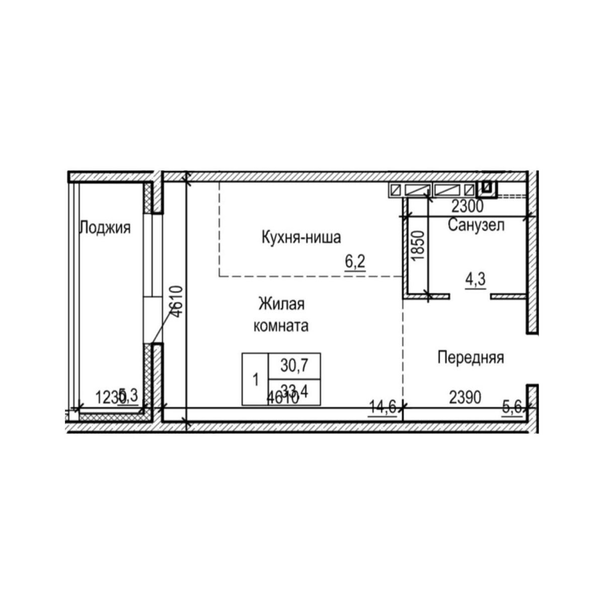 1-комнатная, 33.4 м², № 13-1 в ЖК на Черняховского