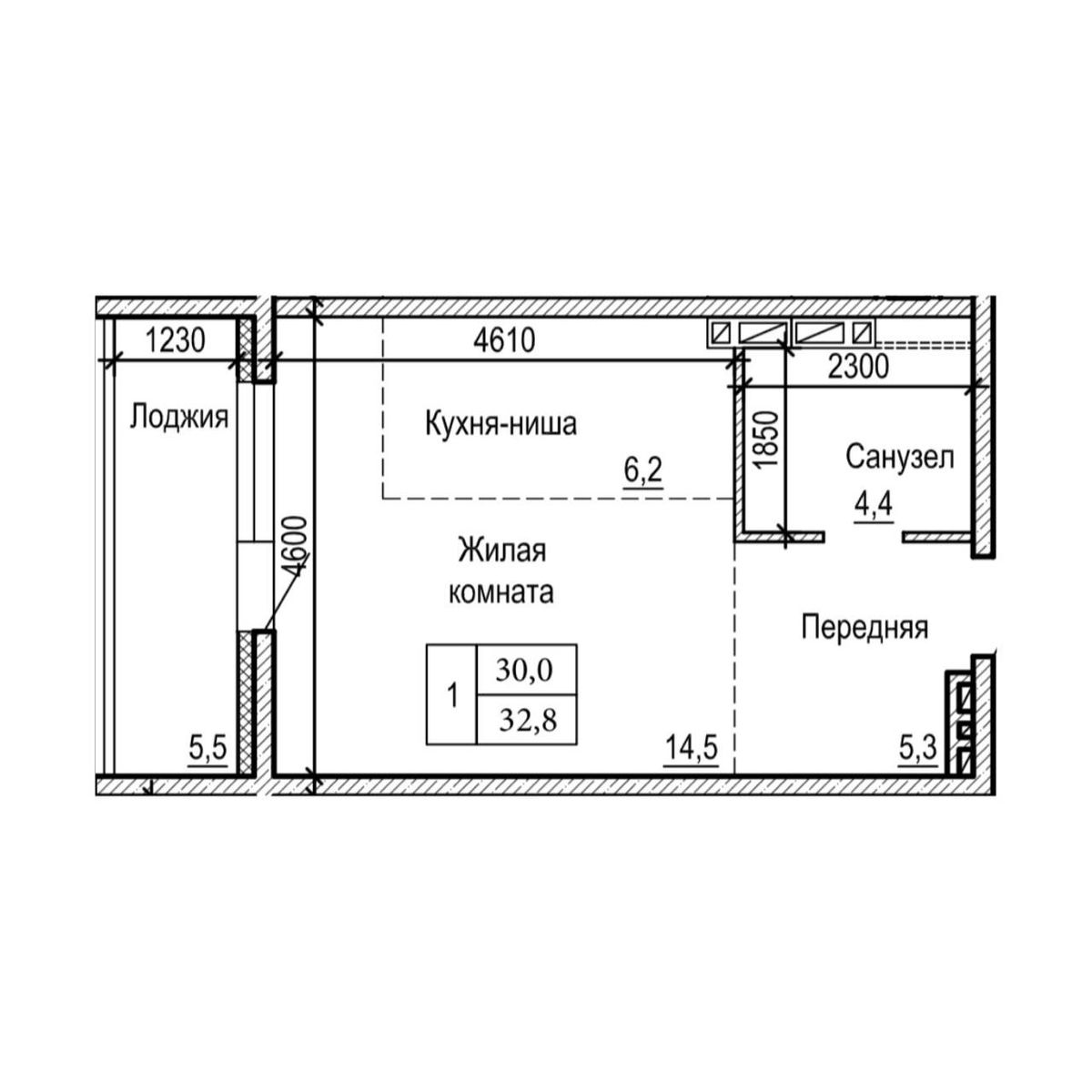 1-комнатная, 32.8 м², № 22-11 в ЖК на Черняховского