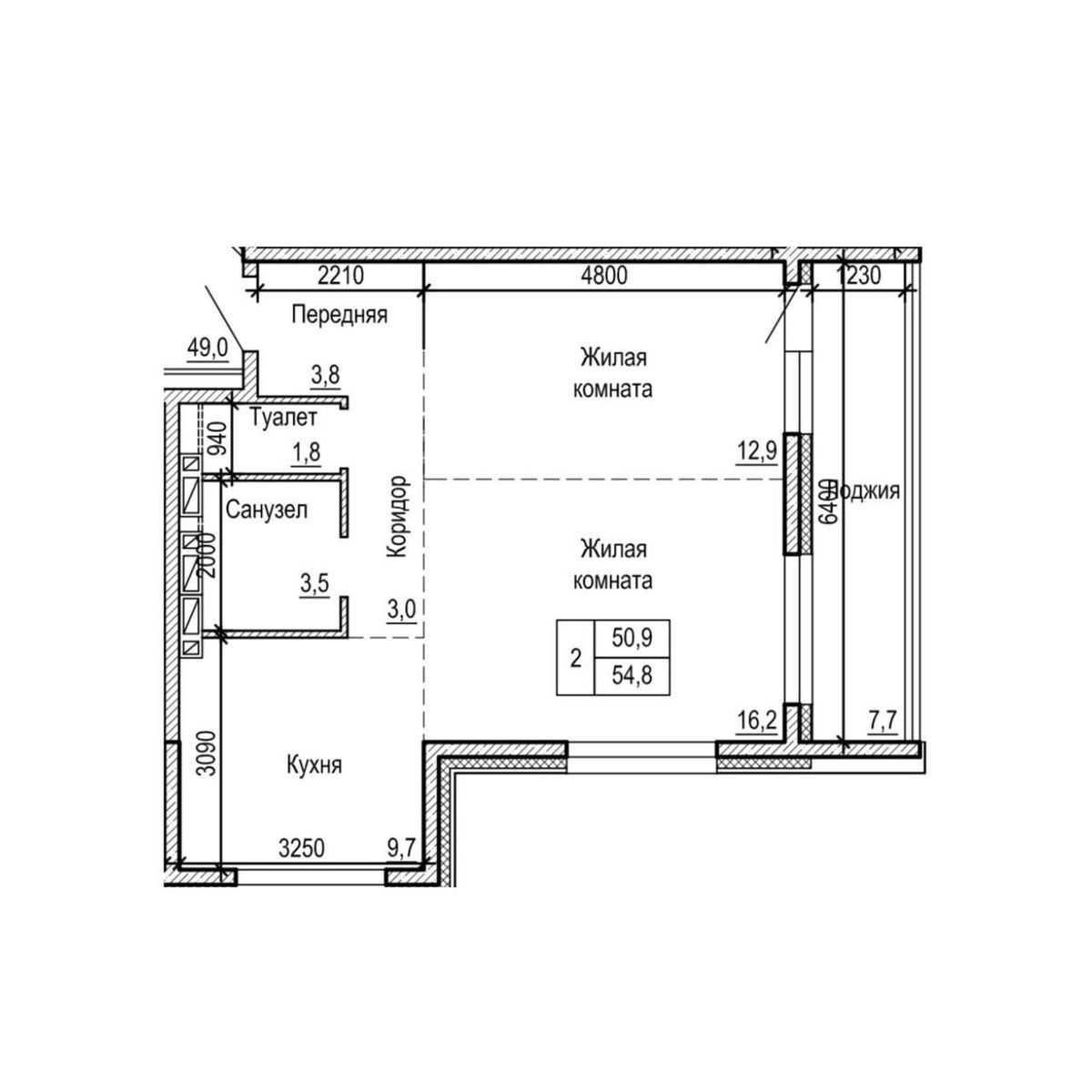 2-комнатная, 54.8 м², № 6-9 в ЖК на Черняховского