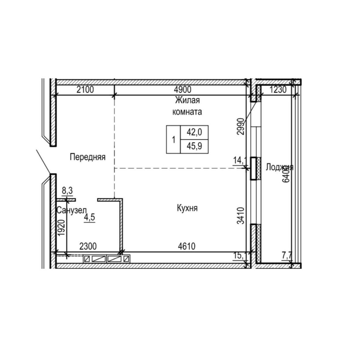 1-комнатная, 45.9 м², № 1-6 в ЖК на Черняховского