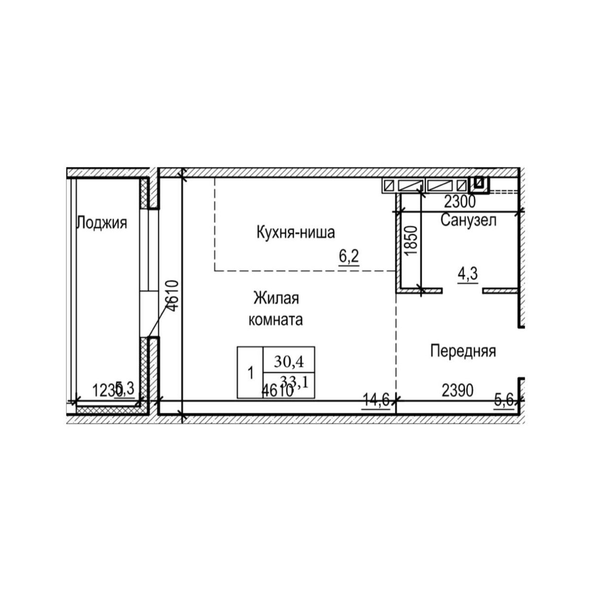 1-комнатная, 33.1 м², № 16-1 в ЖК на Черняховского