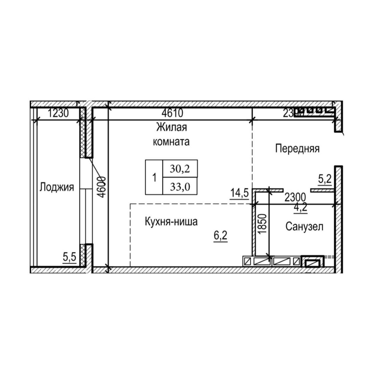 1-комнатная, 33 м², № 20-2 в ЖК на Черняховского