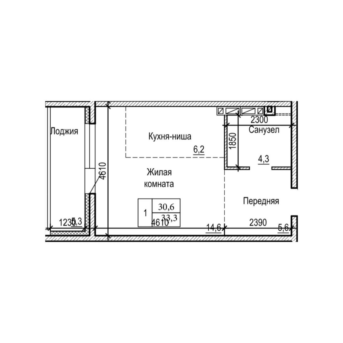 1-комнатная, 33.3 м², № 9-1 в ЖК на Черняховского
