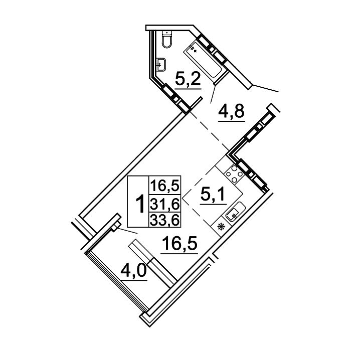 1-комнатная, 33.6 м², № 17-6 в Сингапур