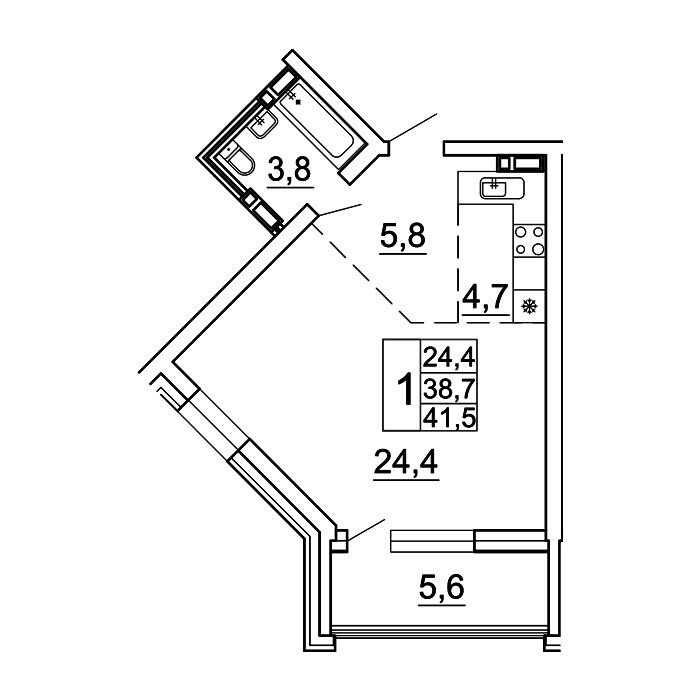 1-комнатная, 41.5 м², № 7-5 в Сингапур