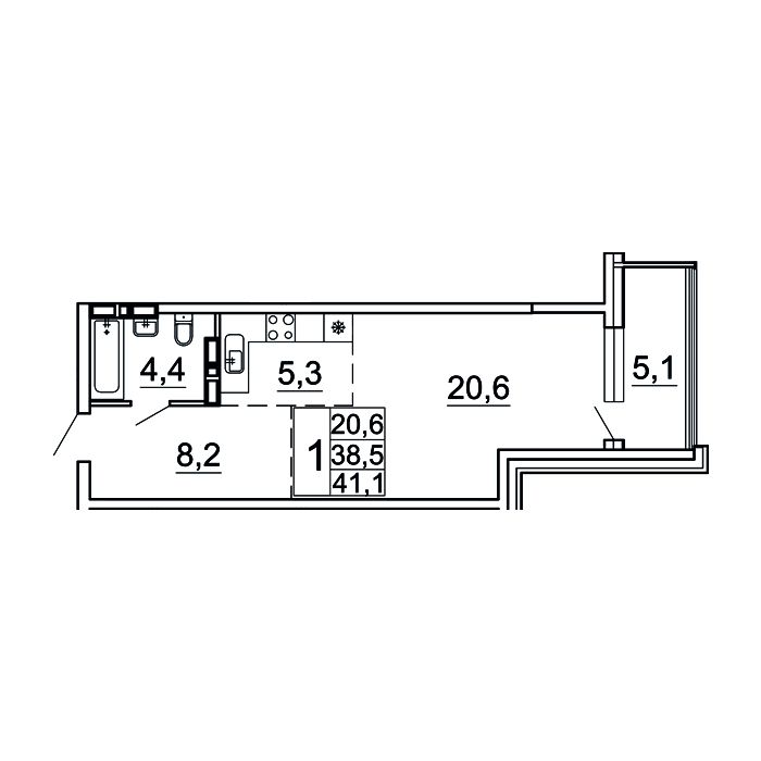 1-комнатная, 41.1 м², № 22-2 в Сингапур