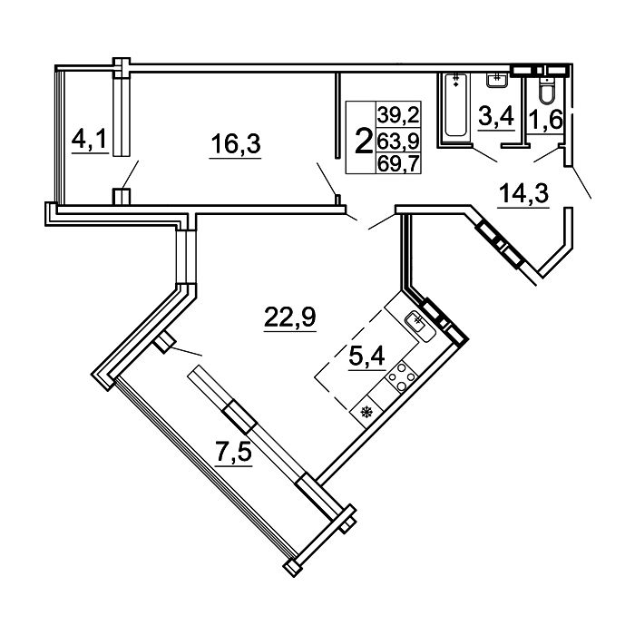 2-комнатная, 69.7 м², № 19-7 в Сингапур