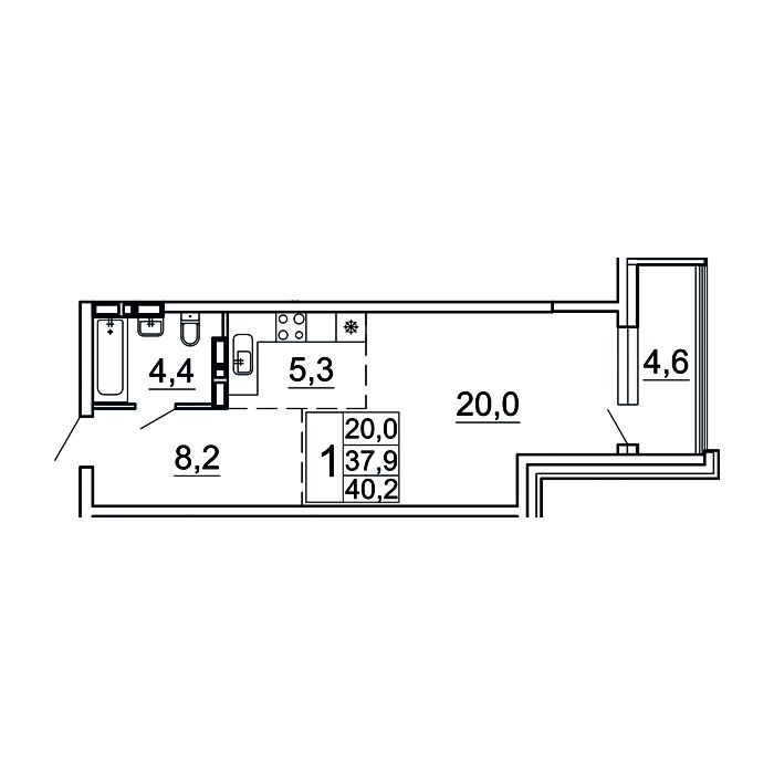 1-комнатная, 40.2 м², № 21-2 в Сингапур