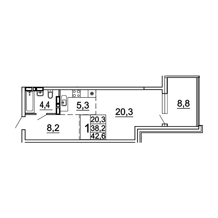 1-комнатная, 42.6 м², № 16-2 в Сингапур