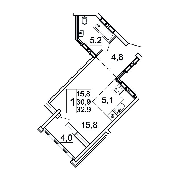 1-комнатная, 32.9 м², № 20-6 в Сингапур
