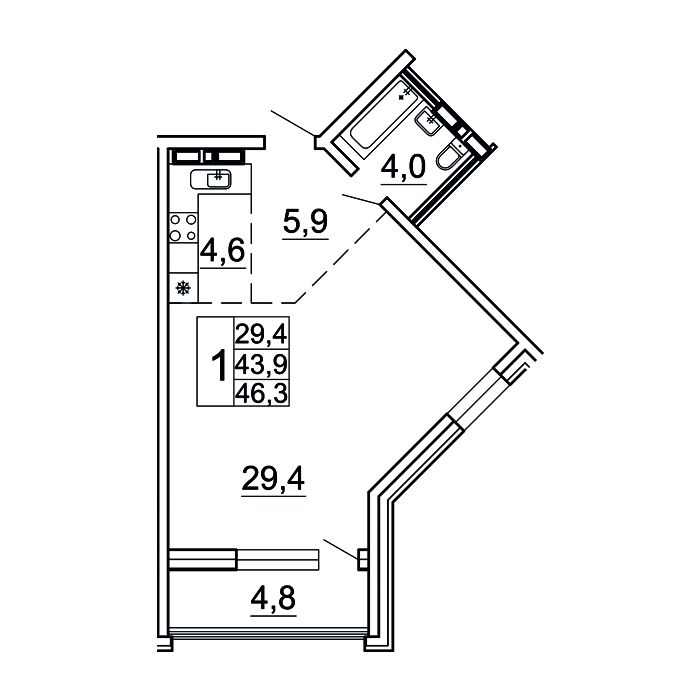 1-комнатная, 46.3 м², № 20-4 в Сингапур