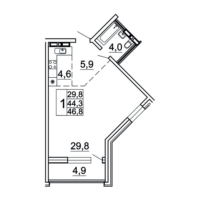 1-комнатная, 46.8 м², № 22-4 в Сингапур