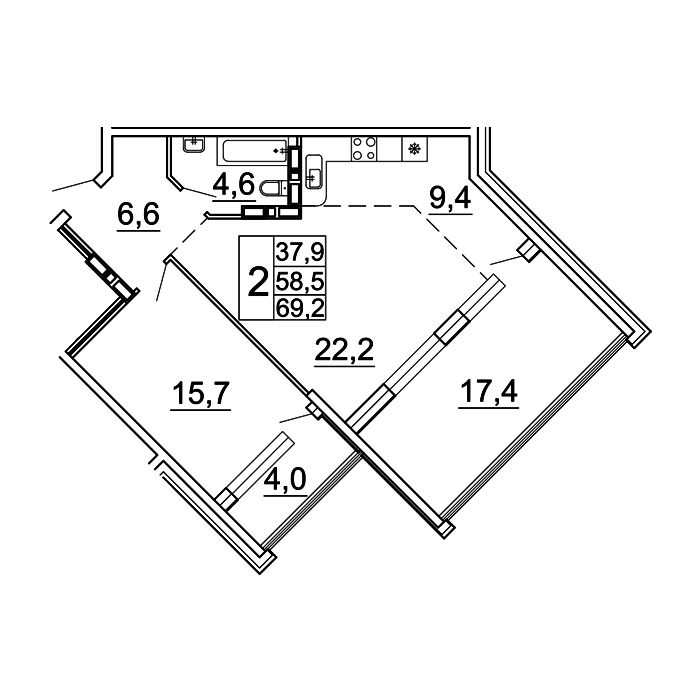 2-комнатная, 69.2 м², № 17-3 в Сингапур