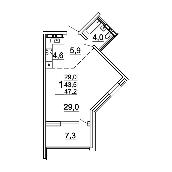 1-комнатная, 47.2 м², № 16-4 в Сингапур