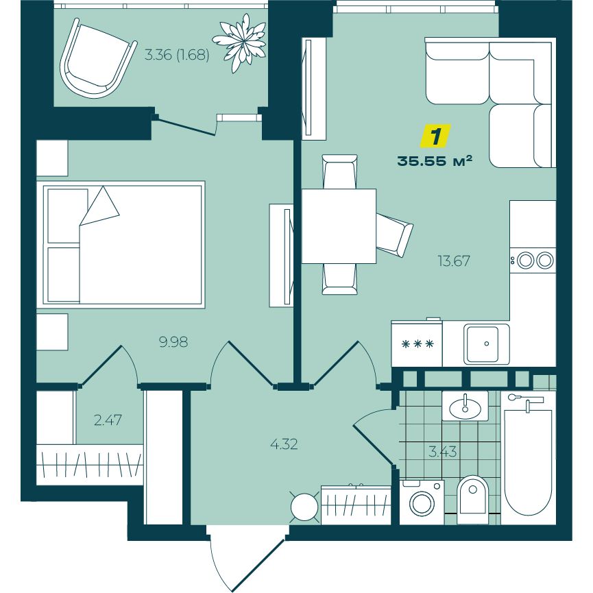 1-комнатная 35,55 м² в ЖК Зелёный Бульвар 1-комнатная 35,55 м²