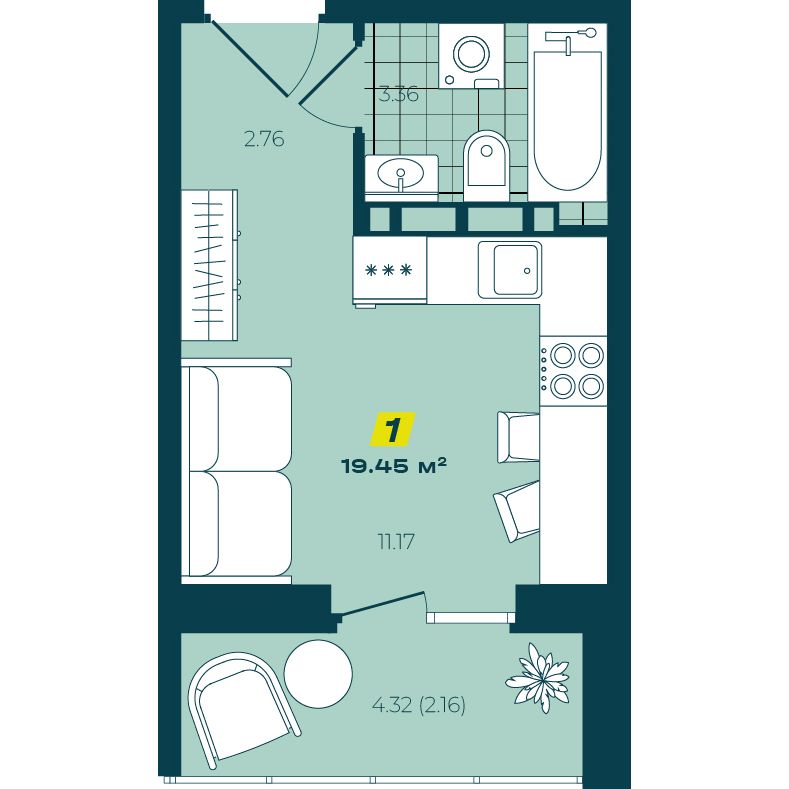 Студия 19,45 м² в ЖК Зелёный Бульвар Студия 19,45 м²
