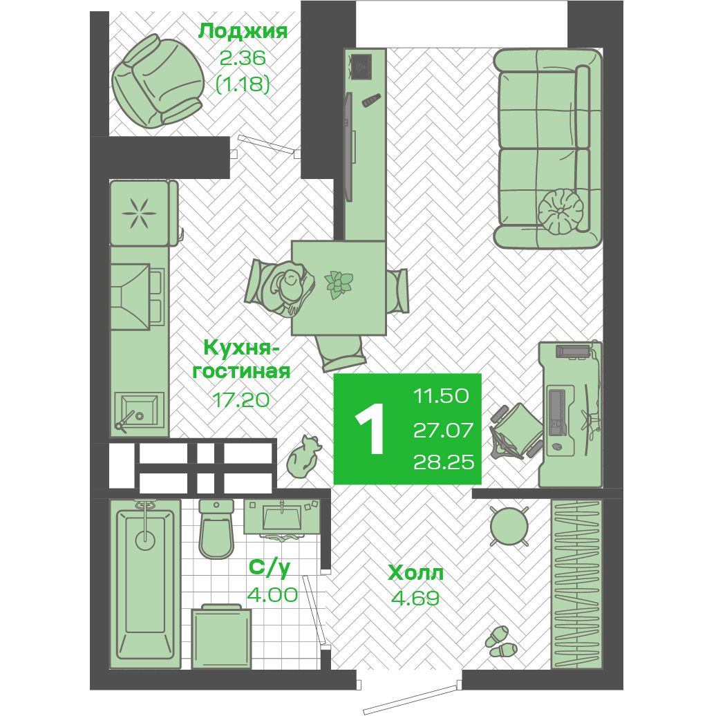 Студия 27.07 м²