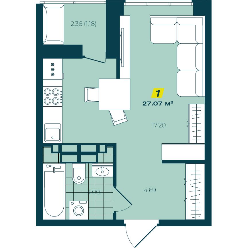 Студия 27.07 м²