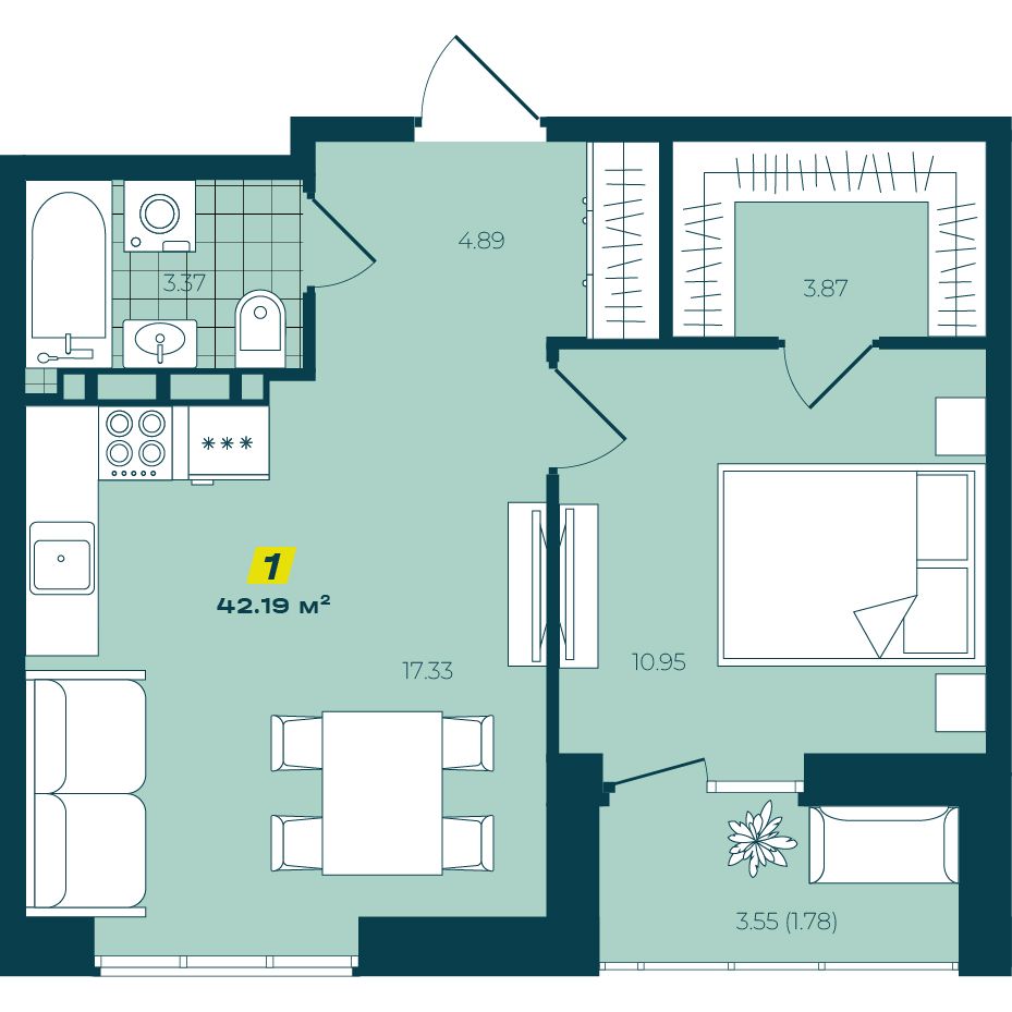 1-комнатная 42,19 м² в ЖК Зелёный Бульвар 1-комнатная 42,19 м²