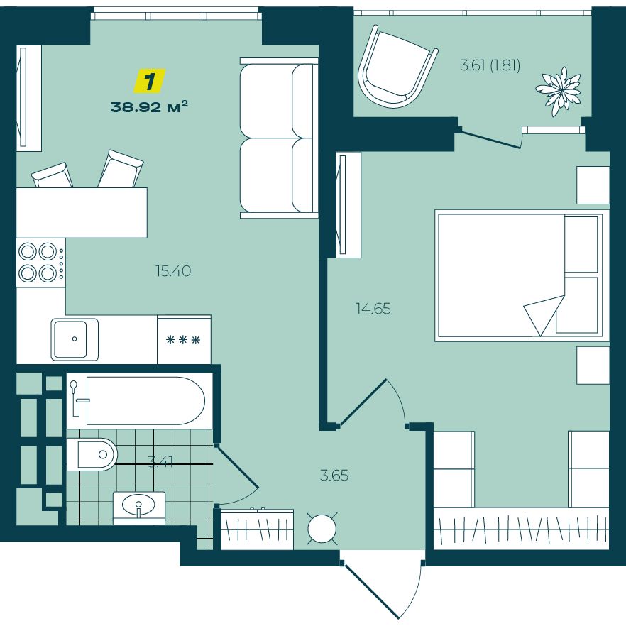 1-комнатная 38,92 м² в ЖК Зелёный Бульвар 1-комнатная 38,92 м²