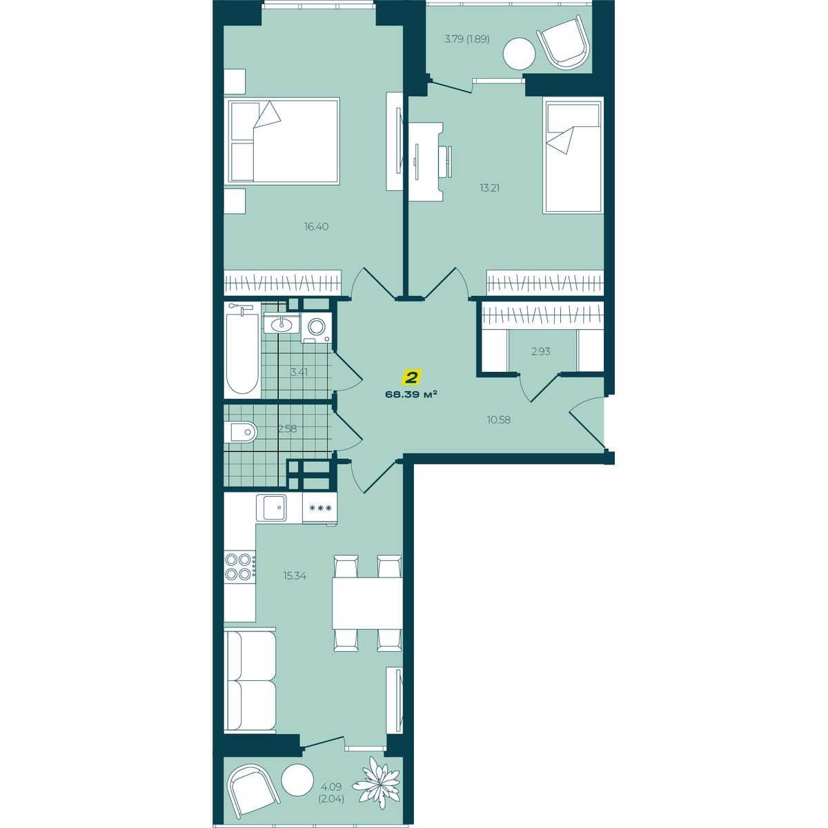 2-комнатная 68,39 м² в ЖК Зелёный Бульвар 2-комнатная 68,39 м²