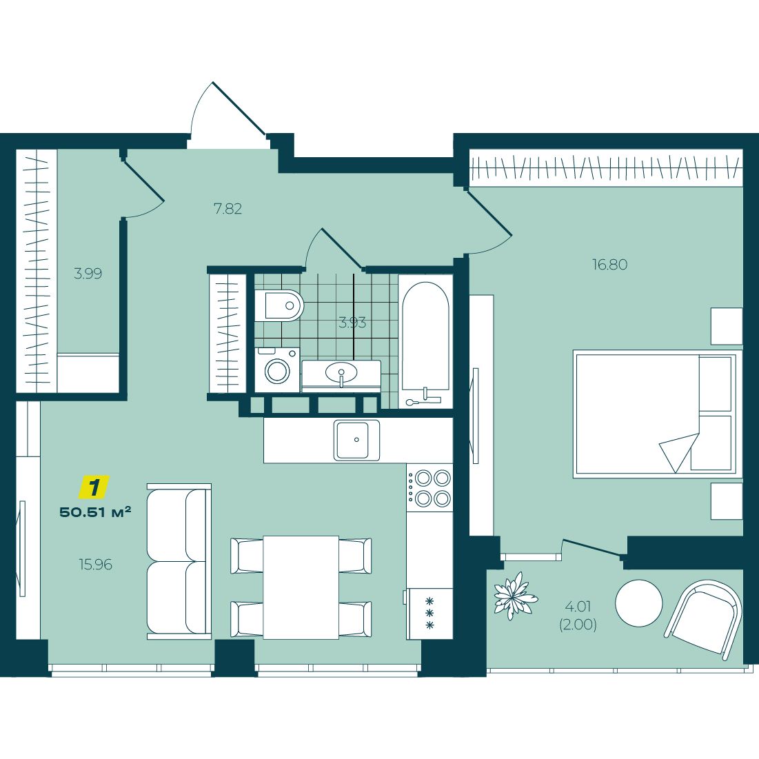 1-комнатная 50,51 м² в ЖК Зелёный Бульвар 1-комнатная 50,51 м²